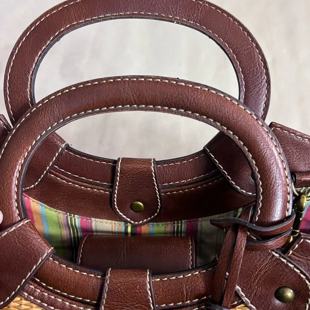 🤎✨ Fossil Woven Straw & Leather Satchel 👜🌾 Key Charm • Crossbody Strap